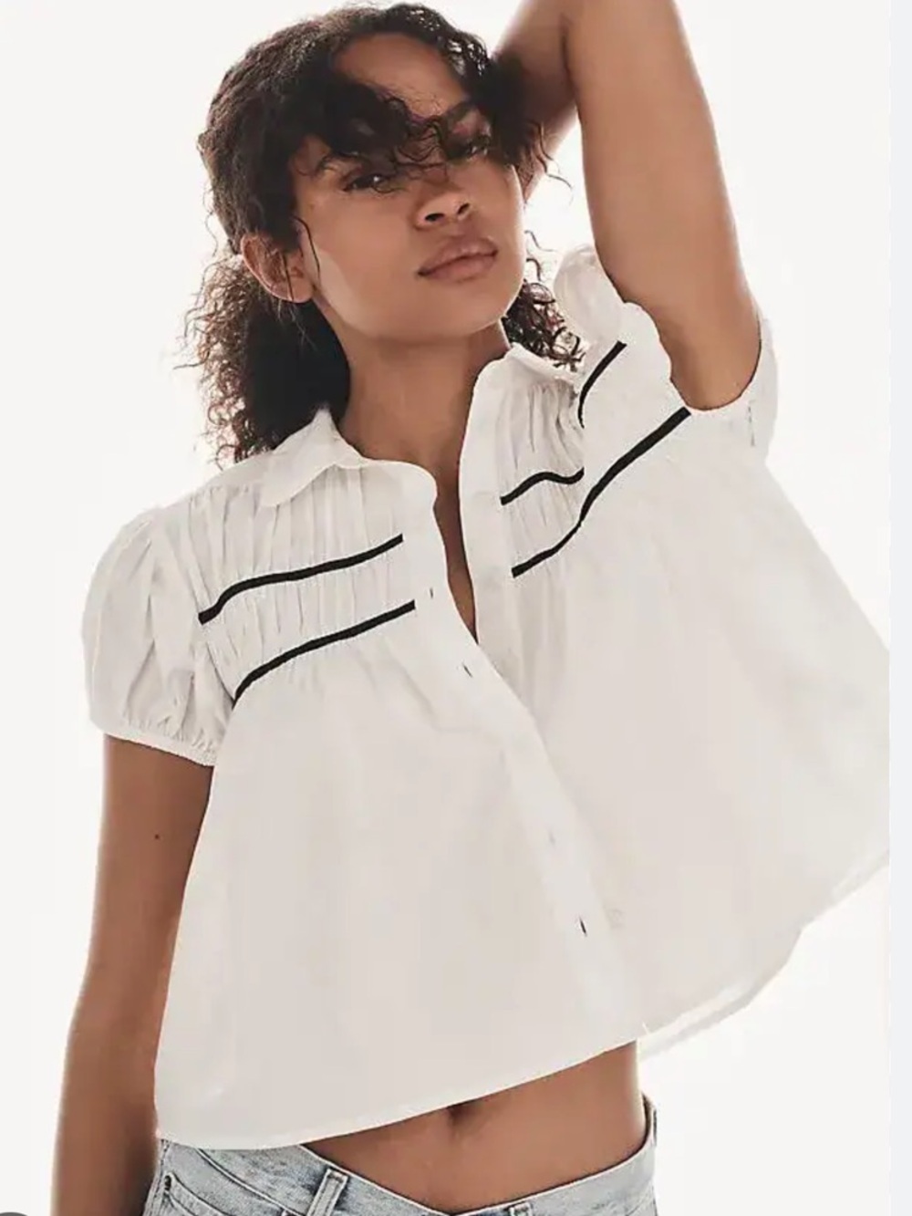Anthropologie Maeve White Cap Sleeve Shirred Yoke Blouse - Picture 8 of 8